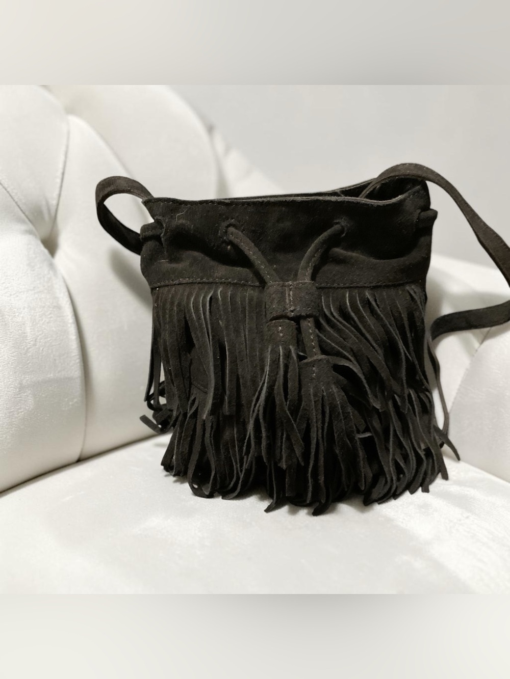 Only Black Suede Fringe Drawstring Crossbody